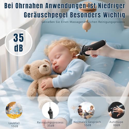 Robofun 2025 Neuheit Ohrenschmalz Sauger,Schmerzloses Wirksames Ohrenschmalz Entferner mit LED Lampe, Geräuscharm Ohrenreiniger mit Komplett‑Zubehörset für Familien, Schwarz