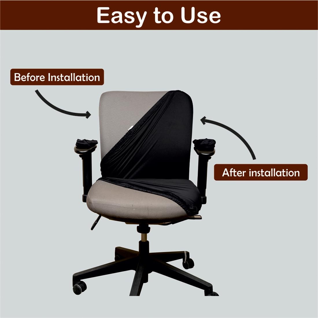 ELEGANTA Polyester Blend Solid Black Office Chair Cover with Armrest Cover Stretchable Removable Washable Cover (Set of 1) 4