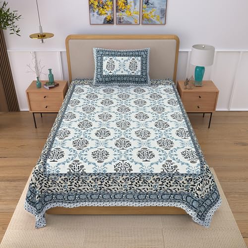 Image of 100% Cotton Single Bedsheet with 1 Pillow Cover | 240 TC Pure Cotton Flat Bed Sheet | Traditional Jaipuri Printed Bedding Set | Soft & Breathable | 60 x 90 Inch (Rangmahal Single 44)