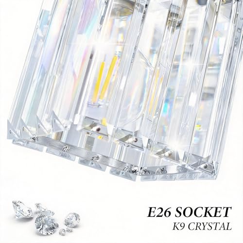 Image of Brushed Chrome Crystal Bathroom Vanity Light, 5-Light Modern Bathroom Lighting Fixtures Over Mirror,Chrome Wall Sconce Light Fixtures with Square Shade