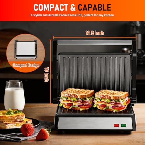 Panini Press Grill, Standard 2-Slice Sandwich Maker with Non-Stick Plates, 1200W Sandwich Press Electric Indoor Grill, Opens 180° for Any Size of Food, Stainless Steel Surface and Removable Drip Tray — view 7