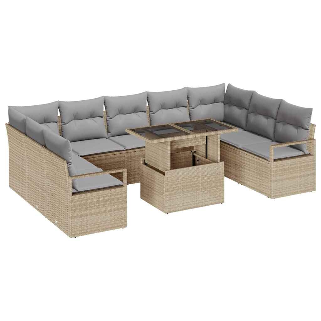 Set di divani da giardino, 10 pezzi, in polyrattan, beige, grigio