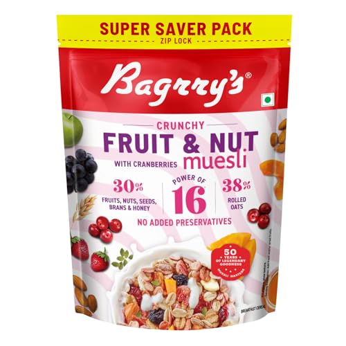 Bagrry’s Crunchy Fruit & Nut Muesli with 30% Real Fruits, Nuts & Seeds– 750G | 16 Real & Freeze Dried Fruits, Nuts, Seeds & Berries Muesli | No Candy | 38% High Fibre Oats, No Cornflakes | Fibre & Protein Rich Breakfast Cereal