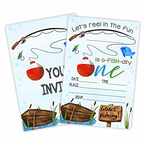 Fishing First Birthday Party Invitation, 1St Invite Cards?20 Count) With Envelopes, Reel In The Fun Fill In Style Invite Cards For Boys, Girls, Kids, Birthday Party Supplies-A32