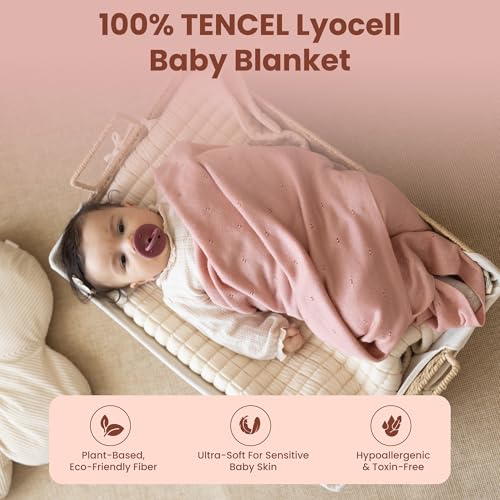 Image of Pointelle Double Layer 100% Tencel Baby Blanket - Breathable Temperature Regulating - Oeko-TEX Certified - 30x40 inch - Gift Box with Ribbon (Rose)