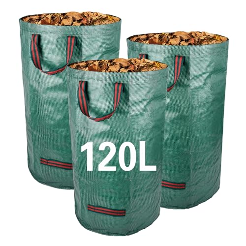 HUMOKI 3 Sacchi Giardinaggio, Borsa Giardino 120L Set, Sacchi Giardinaggio con Maniglie,Sacchetti Rifiuti da Giardino,Sacco Raccolta Foglie, Sacchi da Giardinaggio,per Foglie Spazzatura Detriti -Verde
