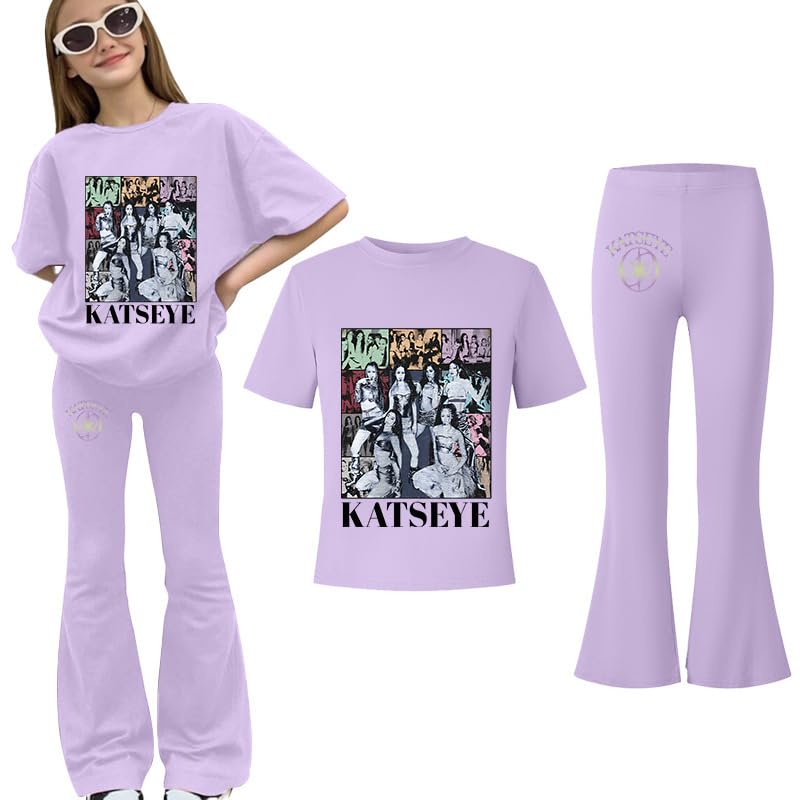 Mengmiao Mädchen Katseye Shirt Flare Hose oder 2-teiliges Set Kpop Streetwear Outfit mit Katseye T-Shirt & Schlaghose für Kinder Fans Katsgirls Tee K-KatseyeKinder Kostüm