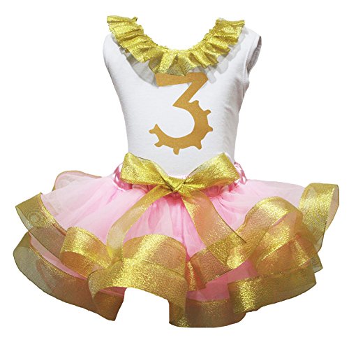 Image of Petitebella Bling Gold 1 to 6 White Shirt Pink Gold Petal Skirt Outfit