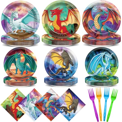 96PCS Dragon Birthday Party Supplies Fantasy Dragon Paper Plates and Napkins Watercolor Dragons Knight Tableware Party Decors for Kids Boys Baby Shower Dinosaur Dinnerware Favors for 24 Guest
