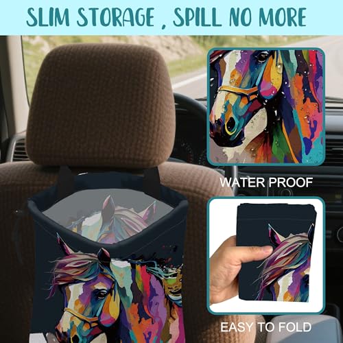 Image of Car Garbage Bag Abstract Colorful Horse Drawstring Car Trash Bag Hanging for Back Seat with Adjustable Buckle Canvas Vehicle Trash Can Easy-to-Install