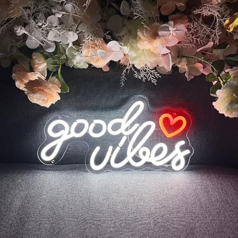 Good Vibes Neon Sign, Neon Sign Lights Good Vibes for Wall Decor ,New Colorway Design 15.8 x 9 inch, Dimmable USB interface Cold White Neon Signs for Bedroom Game Room Party Bar Decor- 40*20cm Cover
