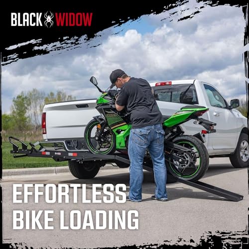 Image of Black Widow Steel Motorcycle Carrier with Ramp for 2-Inch Receiver, 600 lb Capacity - Hitch-Mounted Dirt Bike and Scooter Hauler with Grit-Coated Track and Anti-Rattle Device for SUVs and Trucks