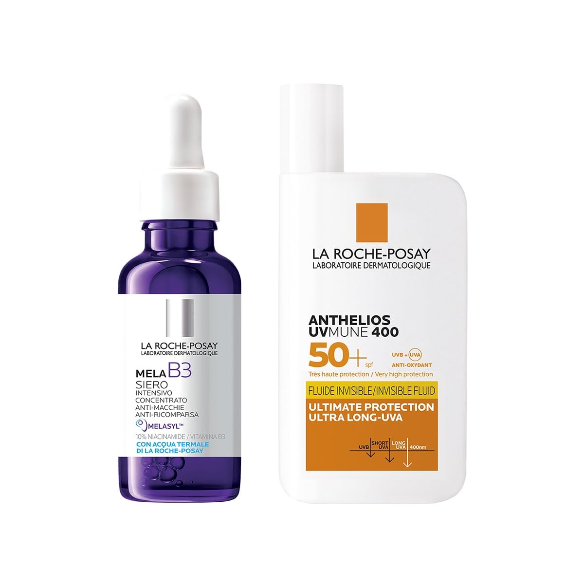 La Roche-Posay Mela B3 Serum gegen Flecken 30 ml + Anthelios UVMune 400 Unsichtbare Flüssigkeit SPF50+ 50 ml | Gesichtsbehandlung & Sonnenschutz
