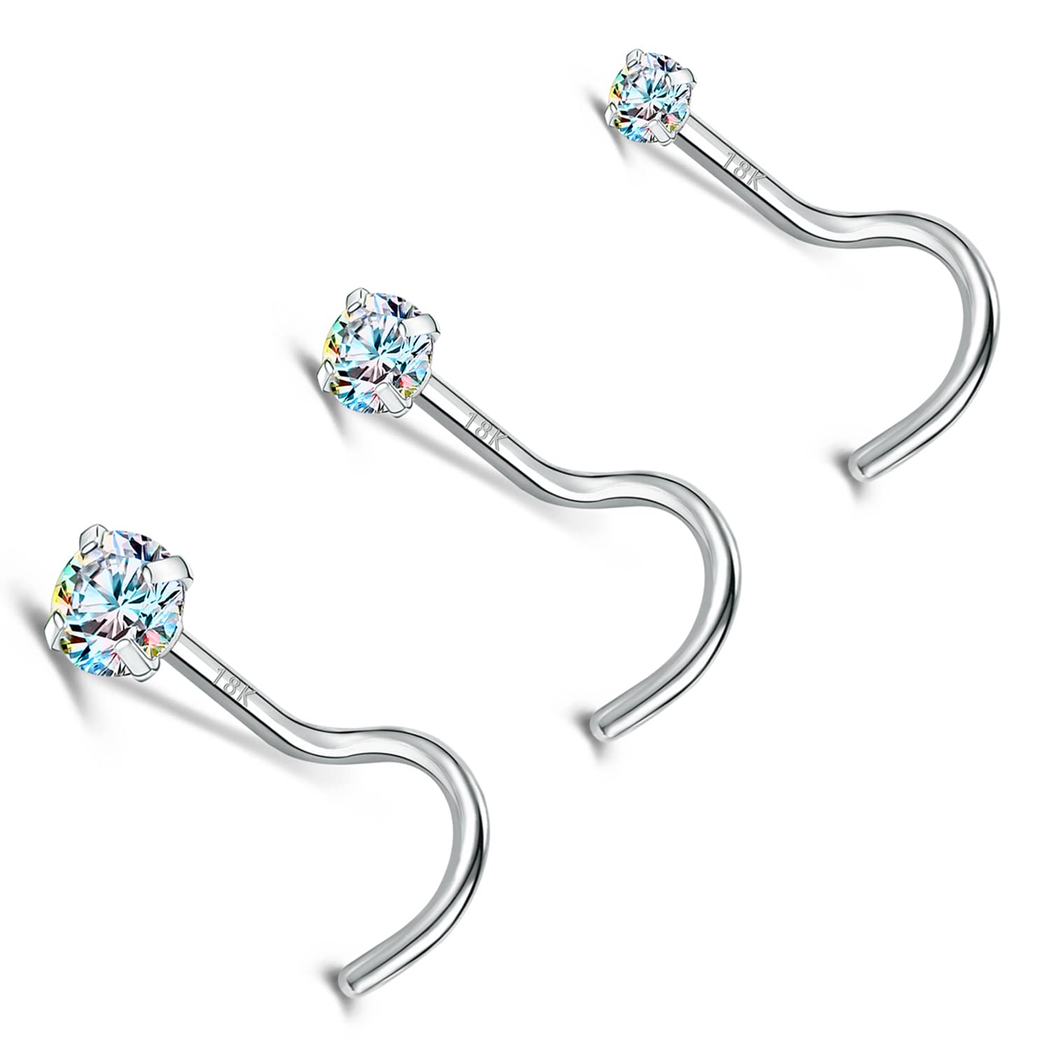ZS 18-karatowe prawdziwe złoto 20G pierścienie do nosa dla kobiet mężczyzn, 1,5 mm 2 mm 3 mm CZ symulowany diament, solidny kolczyk do nosa 7 mm, niedrażniąca skóra biżuteria do ciała