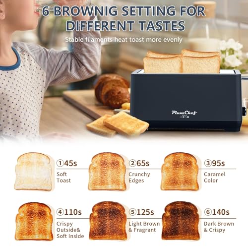 Image of Plum chef 4-Slice Toaster, Extra Wide Long Slot Toaster, 6 Browning Settings, Bagel /Defrost /Reheat Functions, Removable Crumb Tray, Stainless Steel Housing 1350W，Black