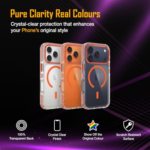 Image of Zapcase Crystal Clear Back case for iPhone 17 Pro | PC Back | TPU Bumper with Inner Rubber Grip | Metal Camera Guard Bezel | Metal Buttons | Scratch Resistant Cover | 2 Layer Edge Protection | Orange