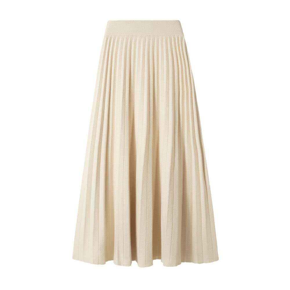 Röcke,Damen Midirock Beige Elastische Hohe Taille Gestrickter Faltenrock Hüftumwickelt A-Linie Schaukel Geraffte Herbst Einfache Lange Röcke Für Mädchen Damen,L