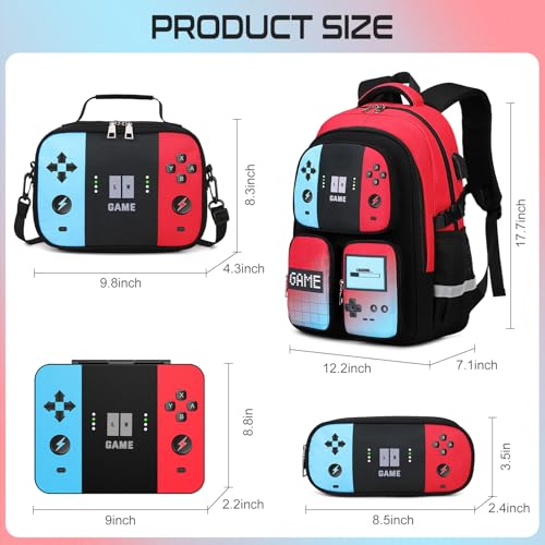 School Backpack for Boys, 4 PCS Gamer Boy Backpack Set with Bento Box, Lunch Box & Pencil Pouch, Waterproof Schoolbag for Boys Kids Teens, Elementary Middle School, Kid Bookbag Casual Daypack2