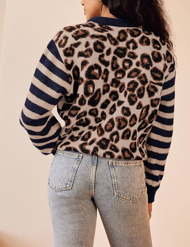Leopard Striped Cardigans for Women Cheetah Open Front Sweater Knit Button Down Fall Clothes Long Sleeve Outwear Coats3