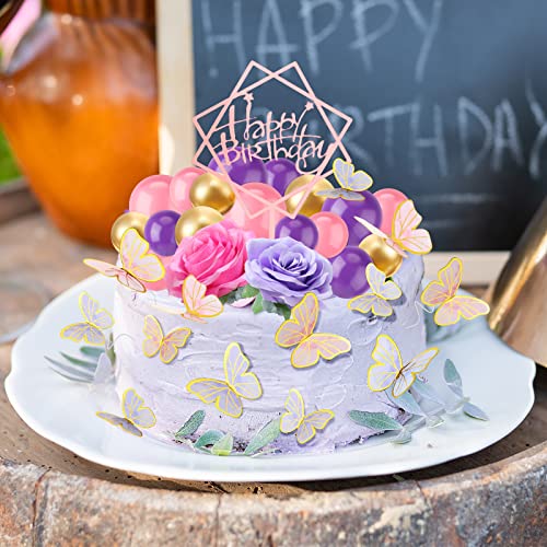65 Pieces Butterfly Cake Decorations Pink Purple Gold Mini Balls Cake Toppers Artificial Flowers Butterflies Happy Birthday Cake Toppers For Baby Shower Birthday Boho Wedding Flower Party Supplies #TOP5