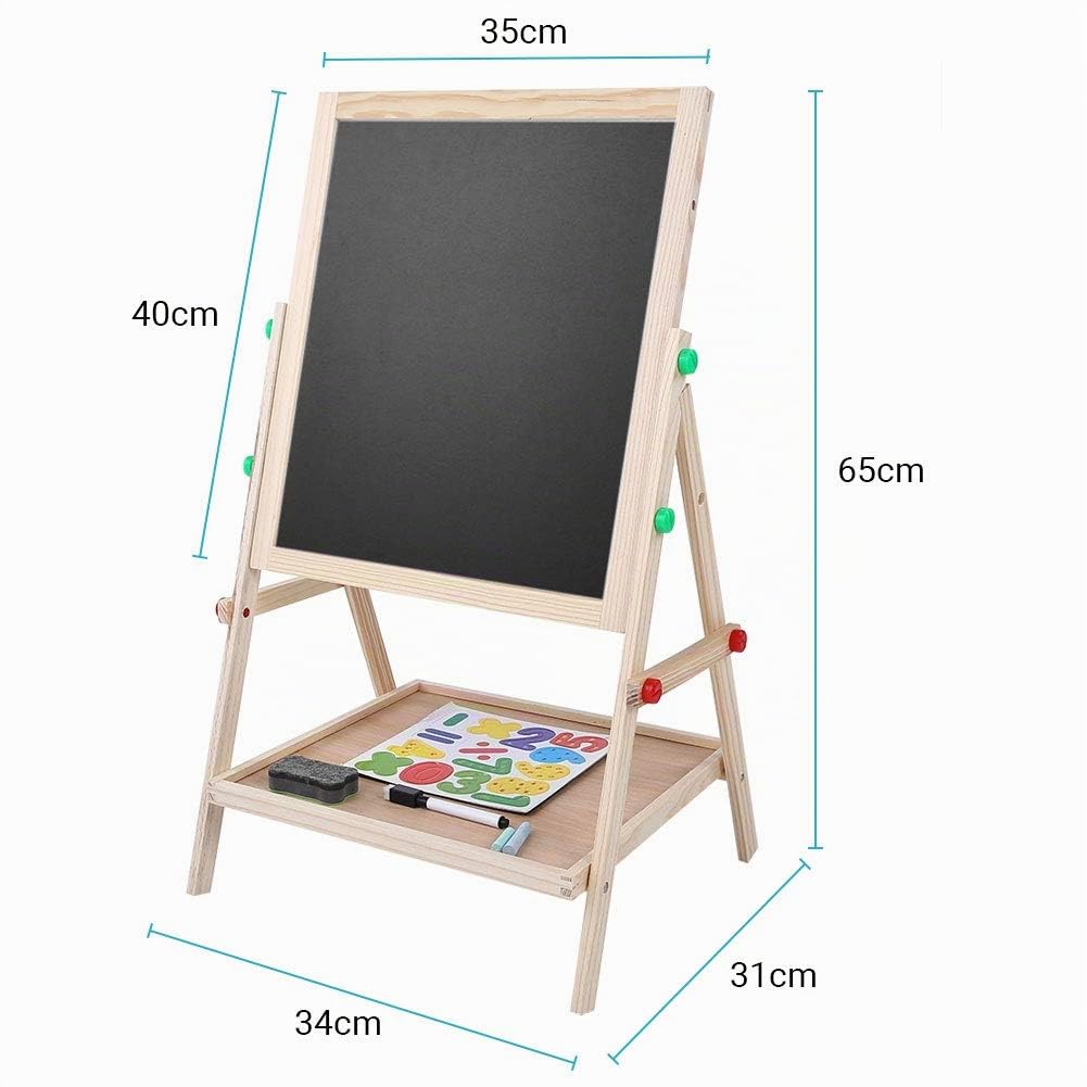 Ejoyous Pizarra infantil de madera, 2 en 1, dos caras, altura ajustable, pizarra magnética con caballete, para niños de 3 a 12 años, 65 x 35 x 31 cm