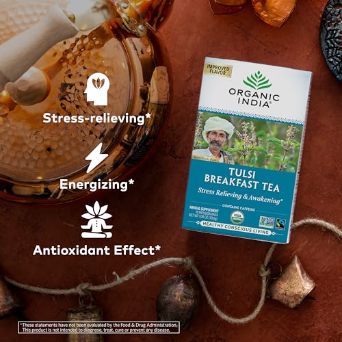 Image of Organic India Tulsi Breakfast Herbal Tea - Holy Basil, Stress Relieving & Awakening, Immune Support, Adaptogen, Vegan, USDA Certified Organic, Non-GMO, Caffeinated - 18 Infusion Bags, 1 Pack