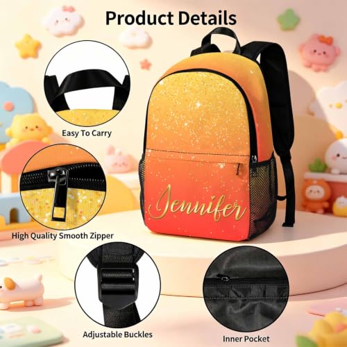 Image of Personalized Kids Backpacks for Girl Boy Custom Backpacks Back to School | Kid Customized Toddler Backpack for Girls Boys with Lunch Bag Book Bag Kindergarten Prek Preschool Gifts Glitter Orange