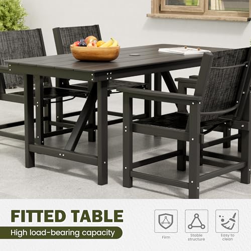 Image of 7 Piece HDPE Patio Dining Set, All-Weather Outdoor Table and Chair Sets with Umbrella Hole Outdoor Dining Table Sets of 6 Textilene Fabric Patio Chairs for Backyard, Poolside, Garden, Deck(Black)