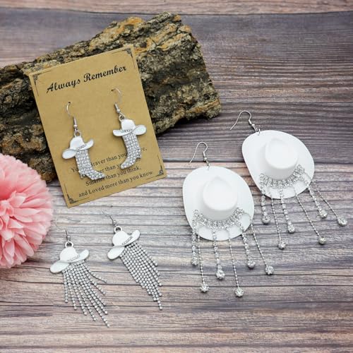 RechicGu 3 Pairs Western Cowgirl Cowboy Hat Earrings Set Silver Symmetric Boots Sparkly Rhinestone Tassels Drop Dangle Rural Culture Earrings Set For Women3