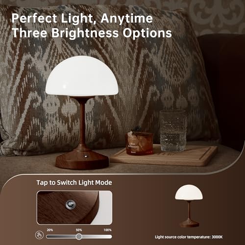 Image of Dawnwake Mushroom Lamp Cordless Lamp Table Lamp,Outdoor Waterproof Shower Lamps,5000mAh Rechargeble Battery Operated Dimmable Touch Desk Lamps,LED Night Light for Bathroom Patio Camping Outdoor /Walnut