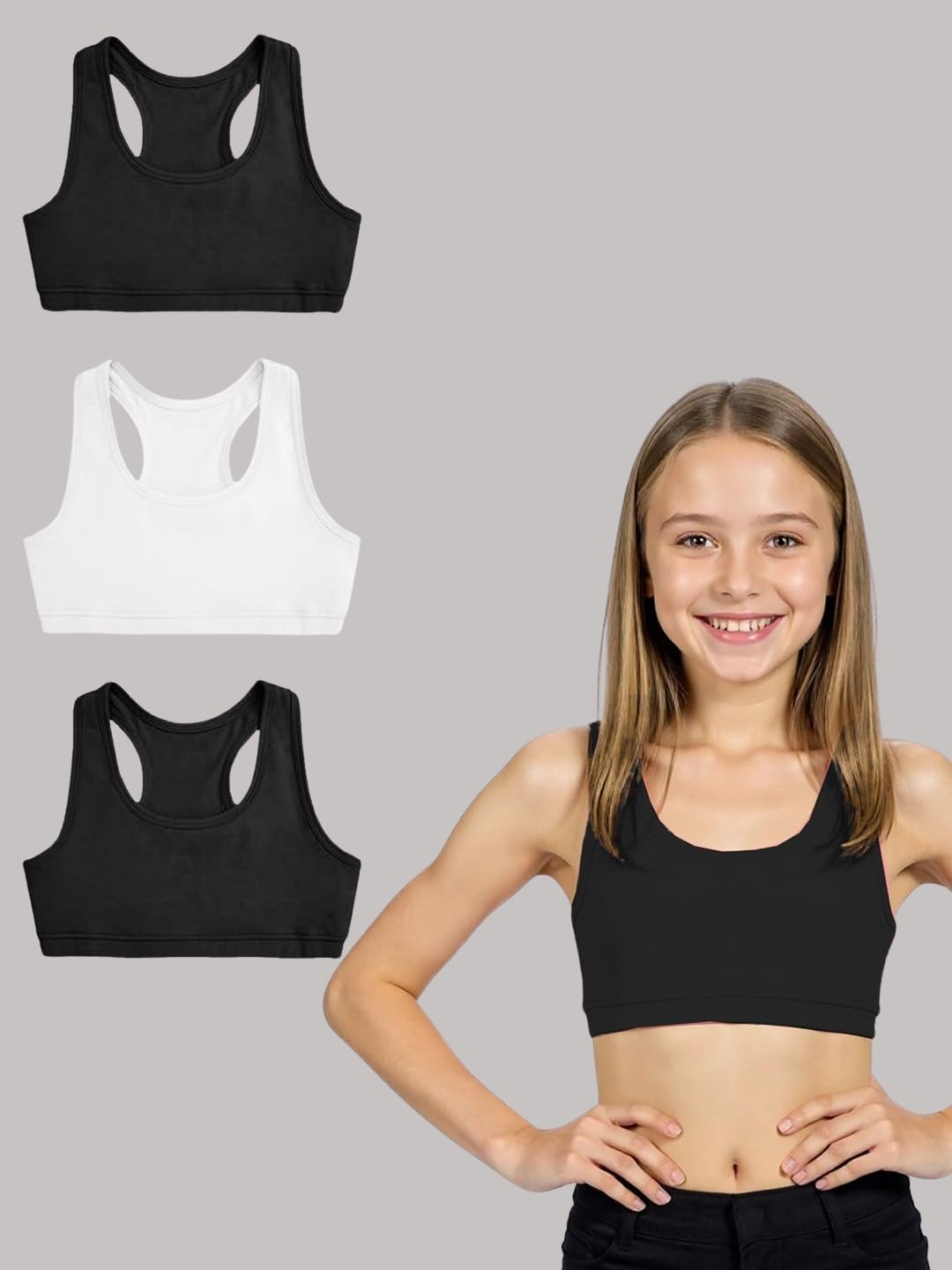 A.T.U.N. (ALL THINGS UBER NICE) Reggiseno sportivo per ragazze in cotone per adolescenti e adolescenti (confezione da 3) | Maglietta non imbottita per principianti | Comodo reggiseno per allenamento