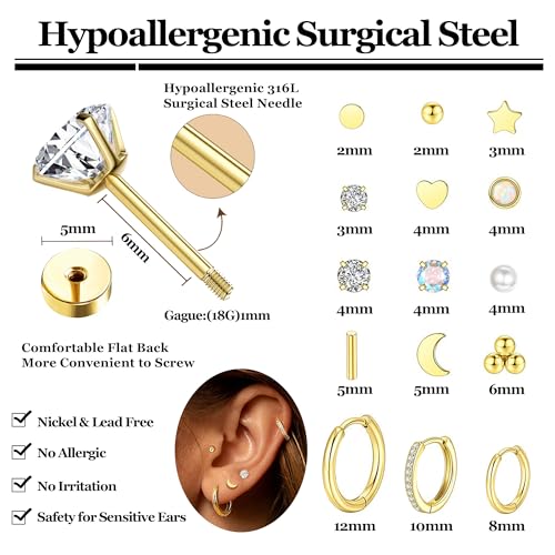 Grace Whisper 15 Pairs Flat Back Stud Earrings For Women Men 14K Gold Plated Hypoallergenic Surgical Steel Flatback Stud Earrings Cartilage Helix Tragus Conch Hoop Earrings Set for Multiple Piercing Jewelry2