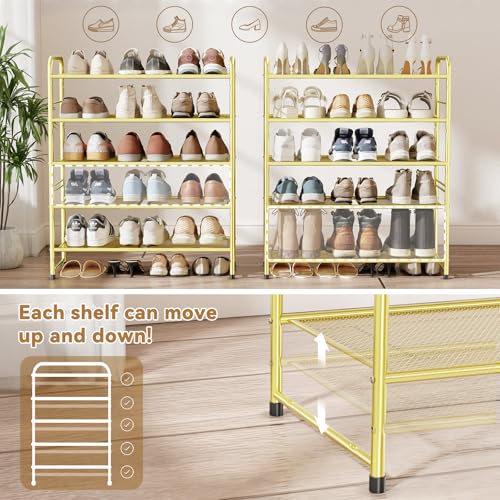 Image of Modern Shoe Rack, 5 Tier Heavy Duty Metal Mesh Shoe Shelf 27 Inch Wide, Glod