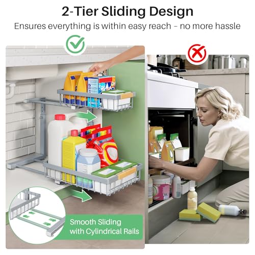 Image of Kitstorack Under Sink Organizer, 2 Tier Under the Sink Storage, Slide out Pull out Cabinet Organizer Shelf, Metal Sliding Drawer for Kitchen Bathroom Pantry Closet Organization Rack, Grey, 2 Pack