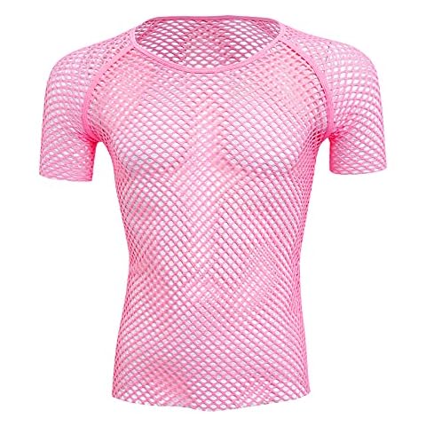 ABAFIP Men's Grid Mesh Fishnet Tank Top Short Sleeve T-Shirt Slim Fit Muscle Tee Workout See Thru Undershirt Clubwear, Pink, Large Cover