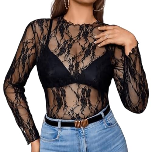 TUONYIS Femme Hauts Transparents T-Shirt Femme T-Shirt à Manches Sexy Longues Top en Maille Mesh Blouse Elégant Noir Haut Sheer Mesh Elastique Fishnet (FR/ES Alpha/Lettres, Taille Unique, Noir)