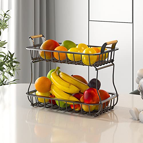 2 Tier Large Fruit Basket for Kitchen Counter, 2025 Pro Detachable Metal Fruit Bowl with Wooden Handle, Fruit Holder for Bread Snack Veggies with Protective Mats (Black)