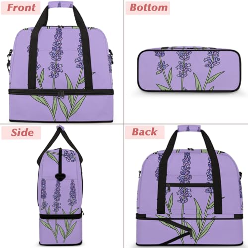 Flowers Lavender Sports Gym Duffel Bag for Men Women Purple Floral with Shoe Compartment Weekender Overnight Bags Travel Bag Carry on Backpack for Swim Fitness Workout3