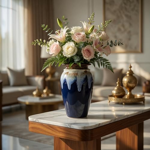 Image of Ceramic Flower Pots for Garden | Big Size Planters for Home Decor, Living Room, Balcony & Office | Multi Utility Vase Gamla for Indoor Outdoor Plants (Hand-Painted, Blue, 10 Inch)