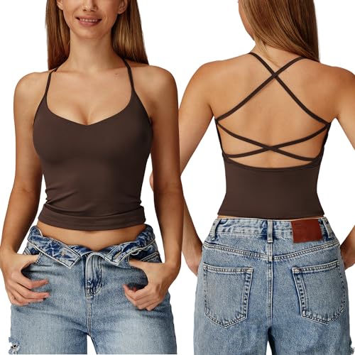 IDOPIP Sport Top Damen Crossback: Ärmellos Crop Tops Crossback mit herausnehmbaren Cups - Sexy Sommer Spaghettiträger für Yoga Fitness Gym Pilates Workout braun Large