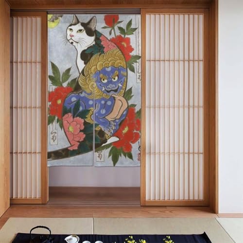のれん 和風 浮世絵 猫柄 間仕切り おしゃれ 遮光 目隠し 暖簾 ドアカーテン 北欧 厚手 断熱防寒 インテリア リビング キチン ロング カーテン 玄関 飲食店 出入り口 洗面所 台所用 四季兼用 86x143cm