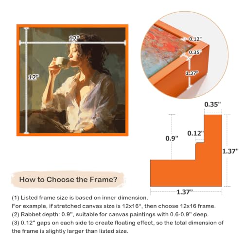 Image of FOLKOR 12x12 Gallery Wall Frame for Stretched Canvas Art 2 Pack,Orange | 0.9 inch Deep,Complete Floater Frames,Easy Framing,for Oil Diamond Paintings Vintage Prints Artwork,Funky Home Living Room Decor