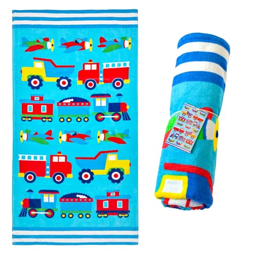 Wildkin Kids Beach Towel – 100% Cotton, Soft & Absorbent, Ideal Pool & Beach Essential (Trains, Planes and Trucks)