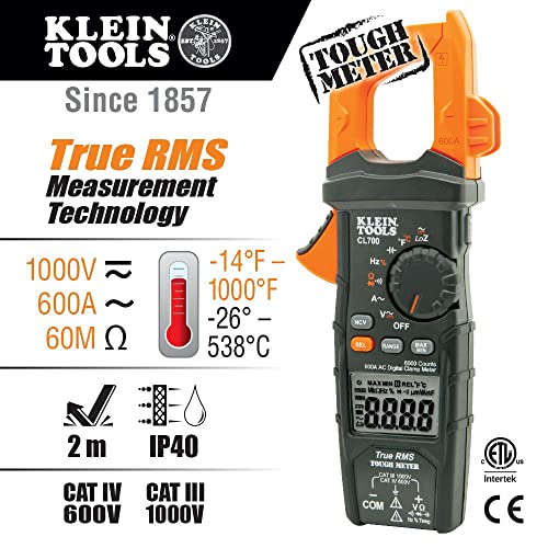 Klein Tools Cl700 Autoranging Digital Clamp Meter, Trms 600Amp, Ac/Dc Volts, Current, Loz, Continuity, Frequency, Ncvt, Temp, More, 1000V #TOP1