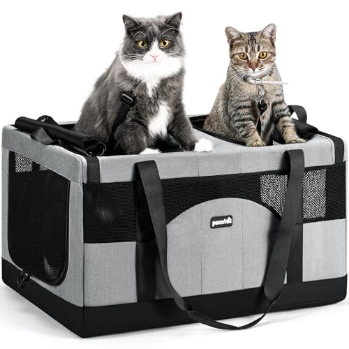 Image of Pecute Large Cat Carrier, Soft Double Pet Crate for 2 Cats Travel, Gray