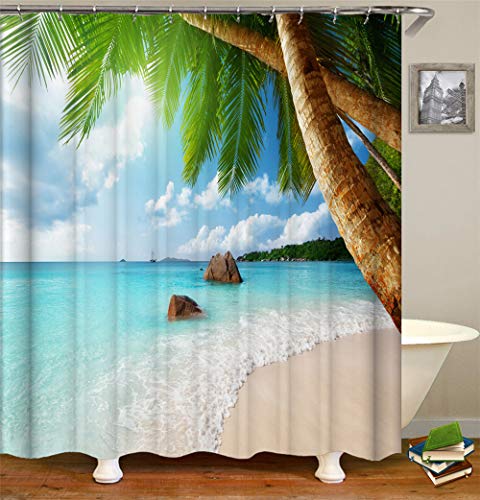 Chickwin Rideau de Douche Rideaux de Salle de Bain, Imperméable Tissu Lavable Polyester 3D Vague de mer Impression Numérique Art Décorations Rideau avec 12 Crochets (Vague de mer,90x180cm)