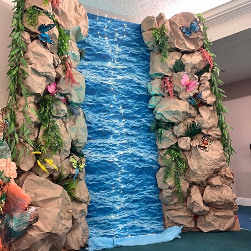 Image of Tiamon 2 Pack Rainforest Party Decorations 3.3 x 6.6 Ft Foil Fringe Waterfall Landscaping Backdrop Rainforest Falls Tinsel Streamers Vacation Bible School Photo Props for 2026 VBS Party Supplies