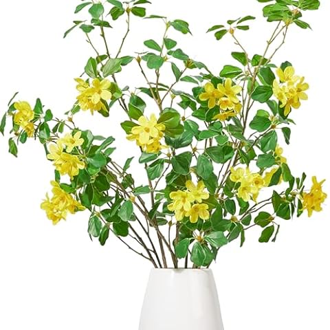 Heleze 3 PCS 43.3 Inch Artificial Greenery Stems Fake Branches with Leaves for Vase Faux Plants Silk Flowers for Home Decor Indoor Serenity Blossoms Yellow Cover