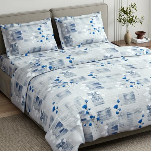 Image of Haus & Kinder King Size Bedsheet for Double Bed with 2 Pillow Covers 108 x 108 Inches | 144 TC Cotton Bedsheet for King Size Bed - Blue Flower Sketch