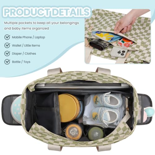 Image of Pritent Diaper Bag Tote for Working Mom, Large Travel Diaper Tote for Mom and Dad with 14 Inch Laptop Sleeve, Mommy Maternity Travel Baby Bag for Boys and Girls, Checkered Green